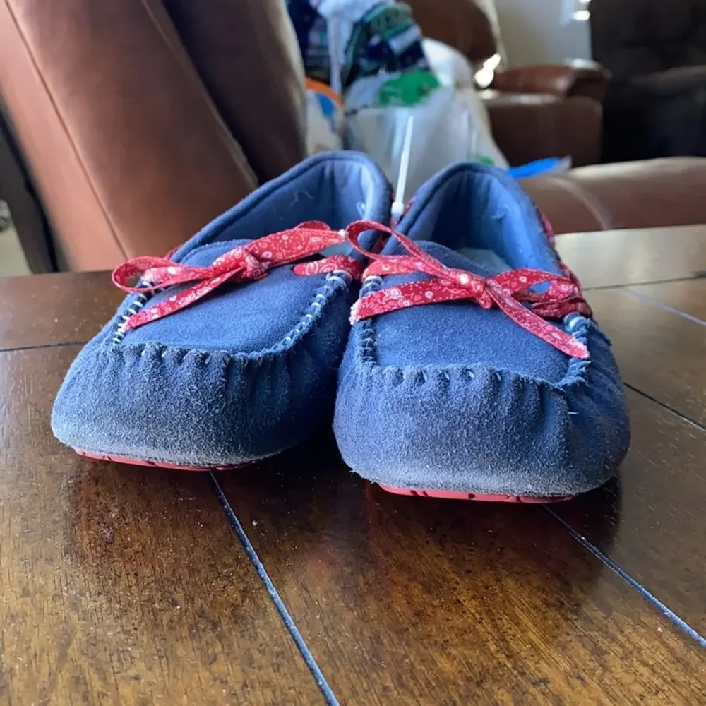 Ugg Indigo & Red Bandana Ryder Suede Moccasin slipper size 5 cozy warm coquette